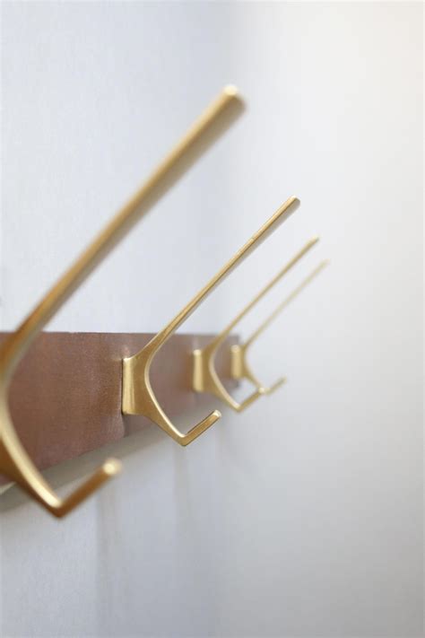 Mid Century Modern brass and wood coat rack, 4 coat hooks 60s style # ...