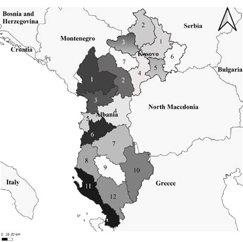 Administrative map of Albania and Kosovo. Prefectures of Albania: 1 ...