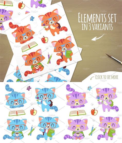 Cartoon Nerd Cat Set | Seamless Variants Elements Patterns