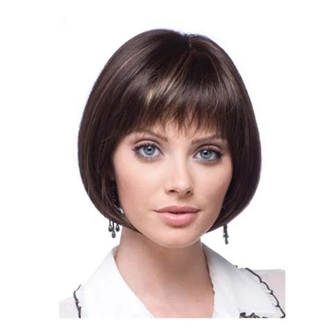 10inch short straight bob cut hair wig Women brown synthetic wig dark brown hair mix light brown ...