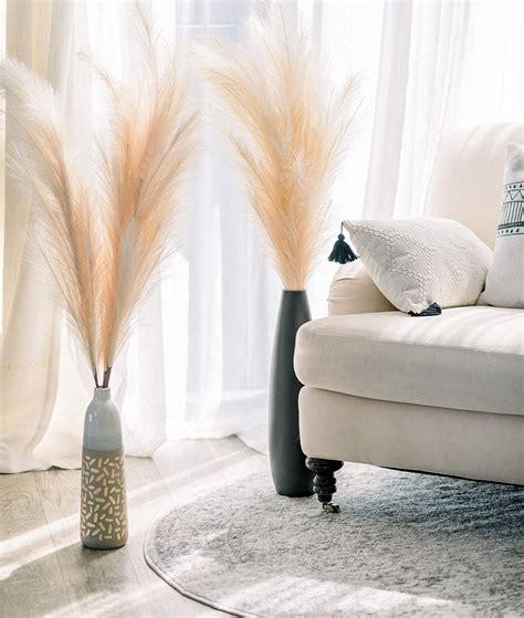 ChagoArt-Faux Pampas Grass Large-3 Stems-45 Beige-Pampas Grass Decor Tall-Pompas Grass Branches ...