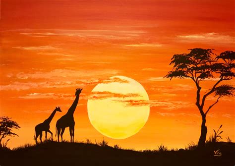African art Sunset original art Africa giraffe elephant lion
