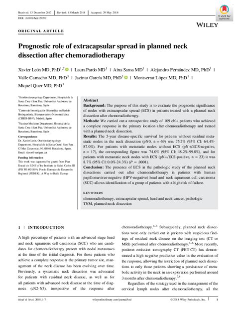 (PDF) Prognostic role of extracapsular spread in planned neck dissection after chemoradiotherapy ...