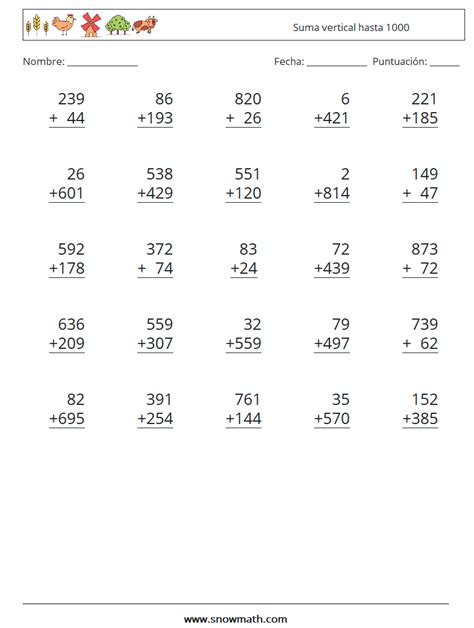 (25) suma vertical hasta 1000 Hojas de trabajo de matemáticas 1Hojas de ...