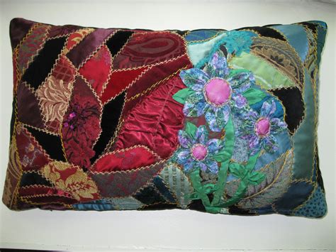 Crazy Quilt Pillow Cover with 3 appliques Flowers. Handmade, One-of-a-kind