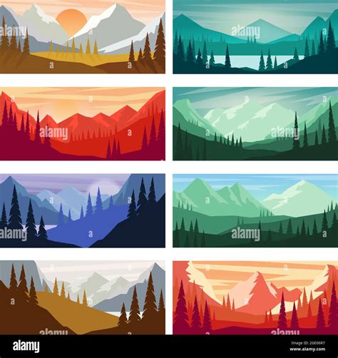 Set of cartoon mountain landscape in flat style. Mountain landscape ...