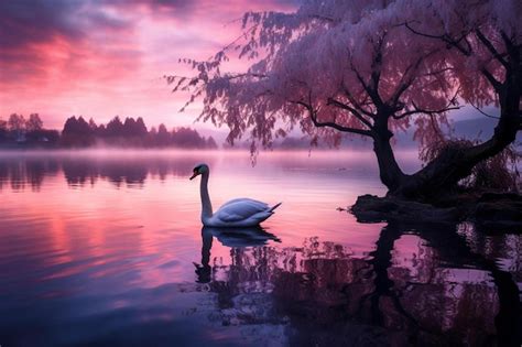 Premium AI Image | a swan on a lake in the pink sunset