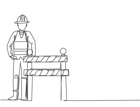 Continuous one line drawing a construction worker is standing next to the under construction ...