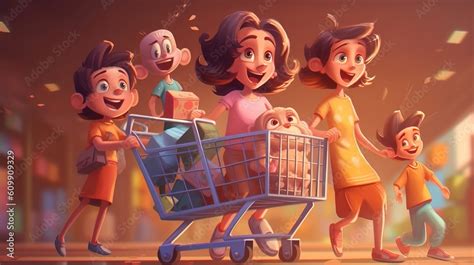 Figure family walking from the store with a shopping cart Generative AI ilustração do Stock ...