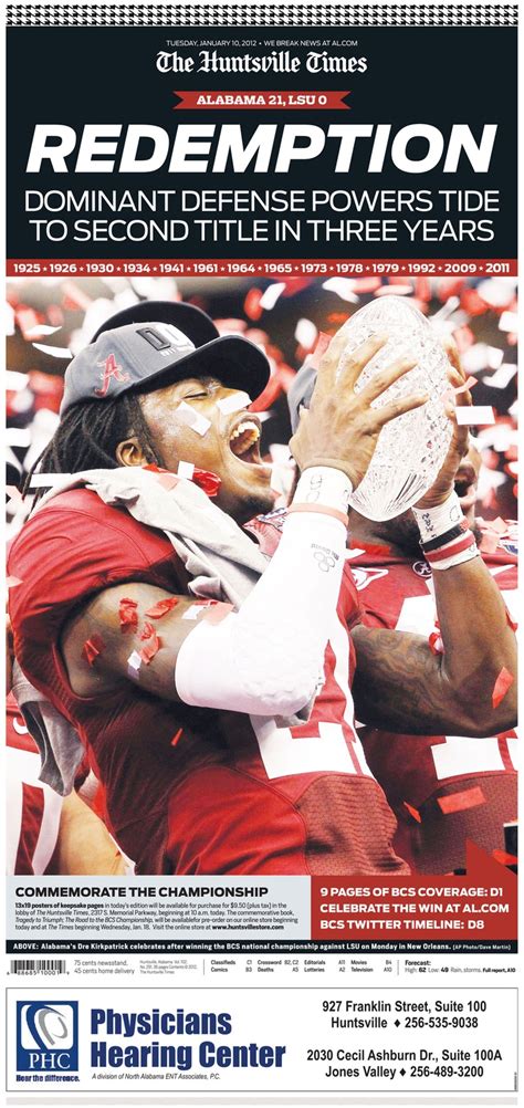 The Huntsville Times: Jan. 10, 2012 | Football newspaper, Alabama, Roll tide