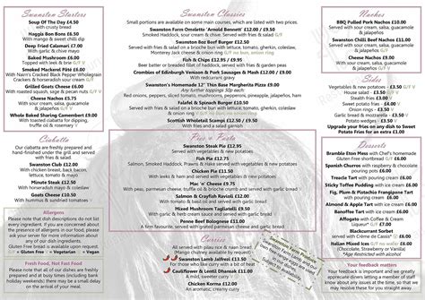 Menu at Swanston Brasserie restaurant, Edinburgh