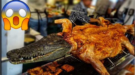 CROCODILE GRILL-THAILAND thai street food in BANGKOK Pratunam market STREET FOOD-asian exotic ...