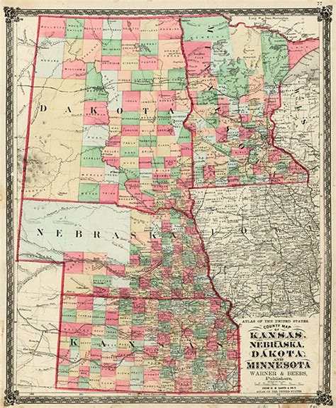 County Map of Kansas, Nebraska, Dakota and Minnesota - Barry Lawrence ...