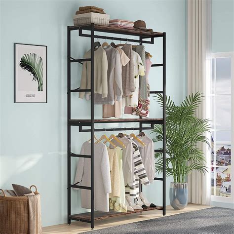 Free-standing Closet Organizer with 3 Storage Shelves and 2 Hanging Ro ...