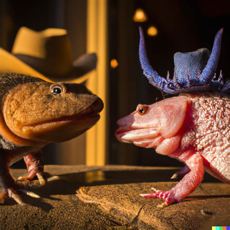 Nathan × DALL·E 2 | A standoff between two axolotls wearing cowboy hats ...