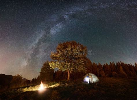 Tourist Camping and Tent Under Night Sky Full of Stars Stock Photo ...