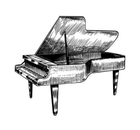 Grand Piano in Monochrome Engraved Vintage Style. Hand Drawn Sketch ...