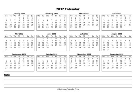 Download Editable 2032 Calendar With Notes, Monday Start