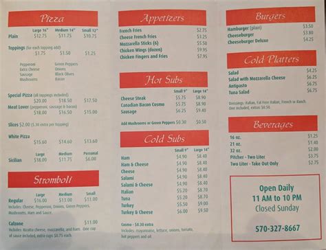 Menu at Venice Pizza pizzeria, Williamsport