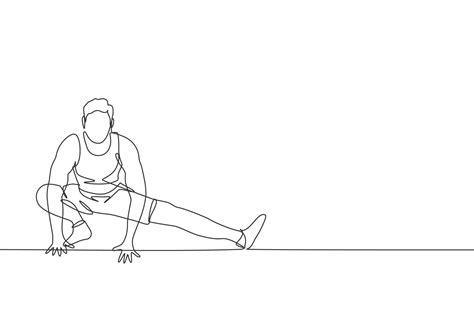 One continuous line drawing of young sporty man working out stretching ...