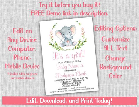 Pink Elephant Baby Shower Invitation Floral Elephant - Etsy