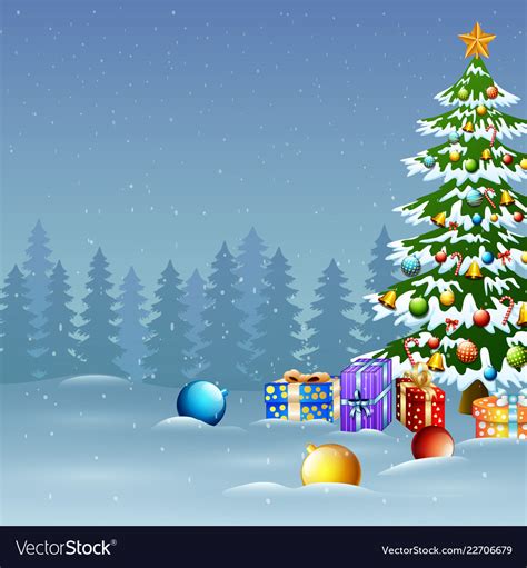 Christmas tree in winter background with gift boxe