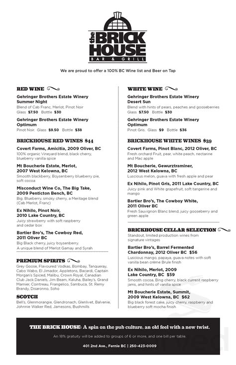 The Brickhouse Bar and Grill menu in Fernie, British Columbia