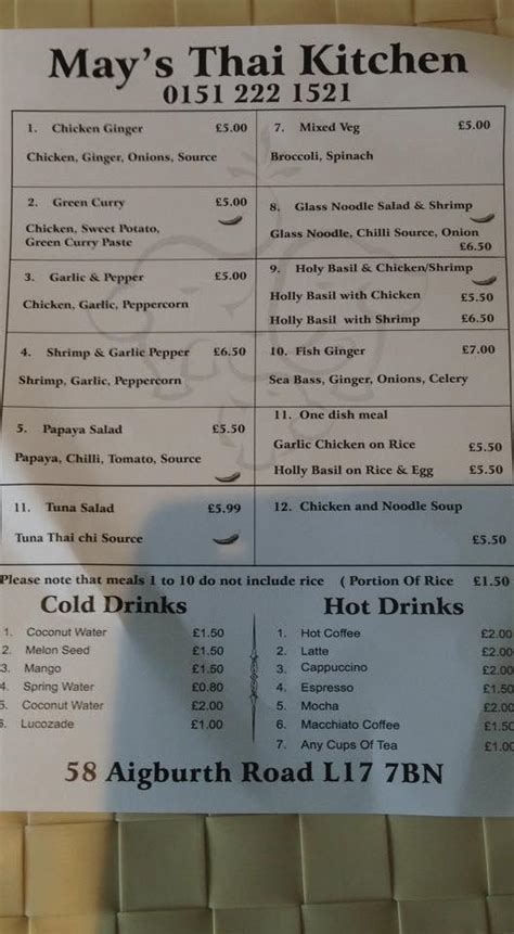 Menu at May's Thai Kitchen restaurant, Liverpool