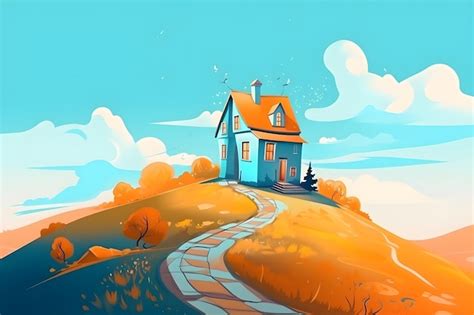 Premium AI Image | A cartoon drawing of a house on a hill with a blue sky and clouds.