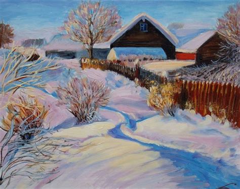 Winter village Painting by Elena Sokolova | Saatchi Art