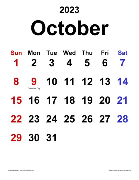 October 2023 Calendar | Templates for Word, Excel and PDF