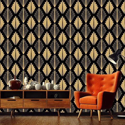 Black and Gold Geometric Art Deco Wallpaper, Monochrome Embossed ...