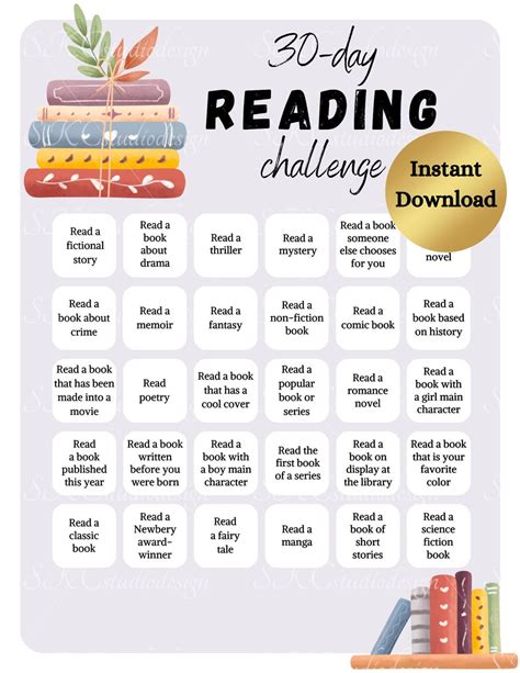 30 Day Reading Challenge Printable Book List Book Ideas - Etsy