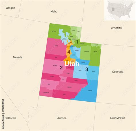 Utah State Counties Colored By Congressional Districts, 47% OFF