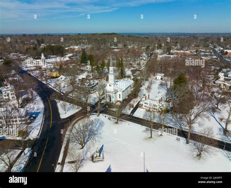 Lexington town center aerial view in winter on Lexington Common and ...