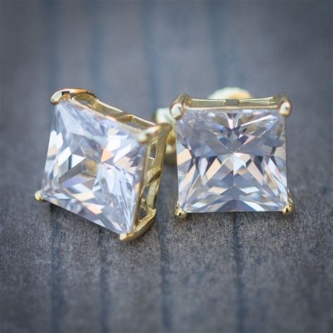 Men's Stud Princess Cut Earrings Large Screw Back 10K Gold Finish ...