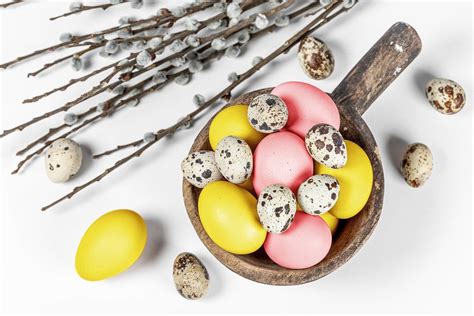 Festive background for Easter with quail and chicken eggs, spring branches and a green ribbon ...