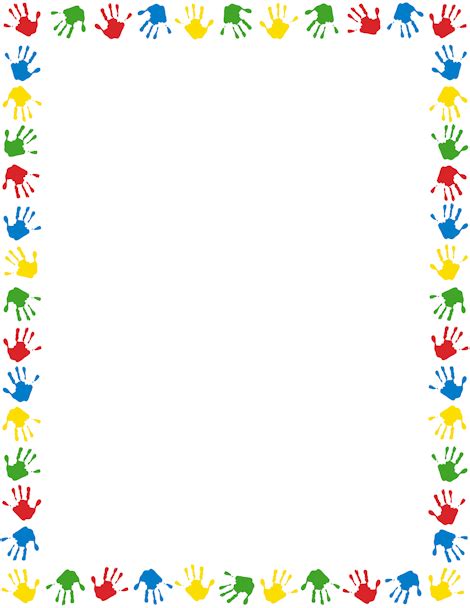 A page border featuring handprints in different colors. Free downloads at http://pageborders.org ...