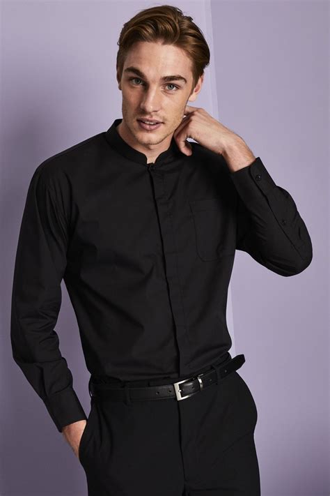 Men's Long Sleeve Mandarin Collar Shirt, Black