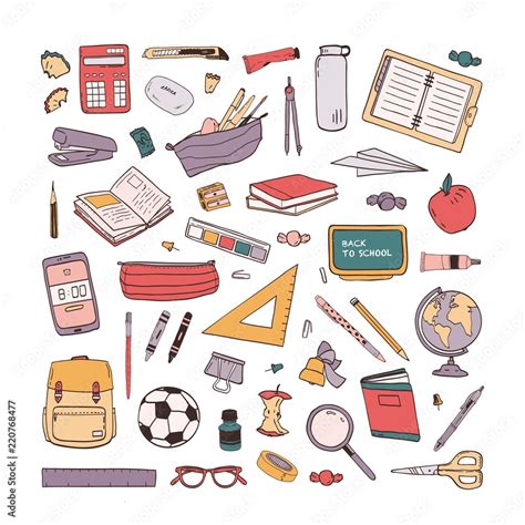 Collection of school stationery items hand drawn on white background ...