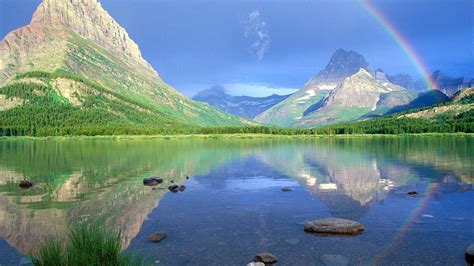 Rainbow Over Mountain With Reflection On Body Of Water HD Rainbow ...