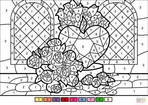 Roses and Heart Color by Number | Free Printable Coloring Pages