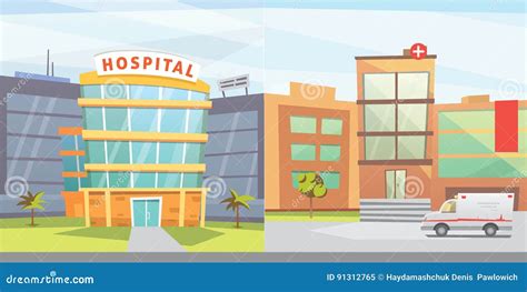 Set Hospital Building Cartoon Modern Vector Illustration. Medical Clinic and City Background ...