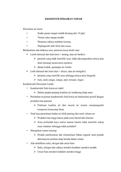 Ekosistem Air Tawar - EKOSISTEM PERAIRAN TAWAR Ekosistem air tawar - Kadar garam sangat rendah ...