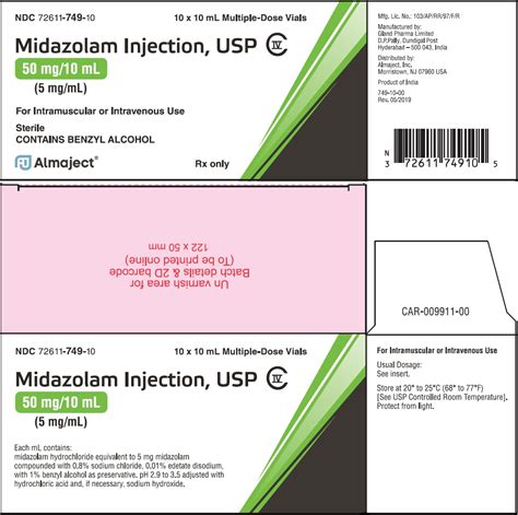 NDC Package 72611-749-10 Midazolam Injection, Solution Intramuscular ...