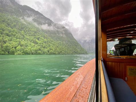 Boat Ride Over Lake Konigssee in Bayern Germany with Hills with Forest and Clouds Above Stock ...