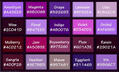 Shades of Purple & Names with HEX, RGB Color Codes