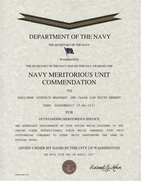 navy maritorious unit commendation Certificate