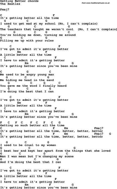 Song lyrics with guitar chords for Getting Better - The Beatles