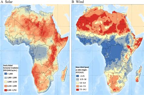 A map of Africa showing solar and wind energy potential. Source ...